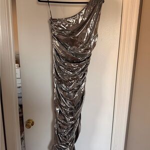 Fashion Nova Silver One-Shoulder Midi Dress